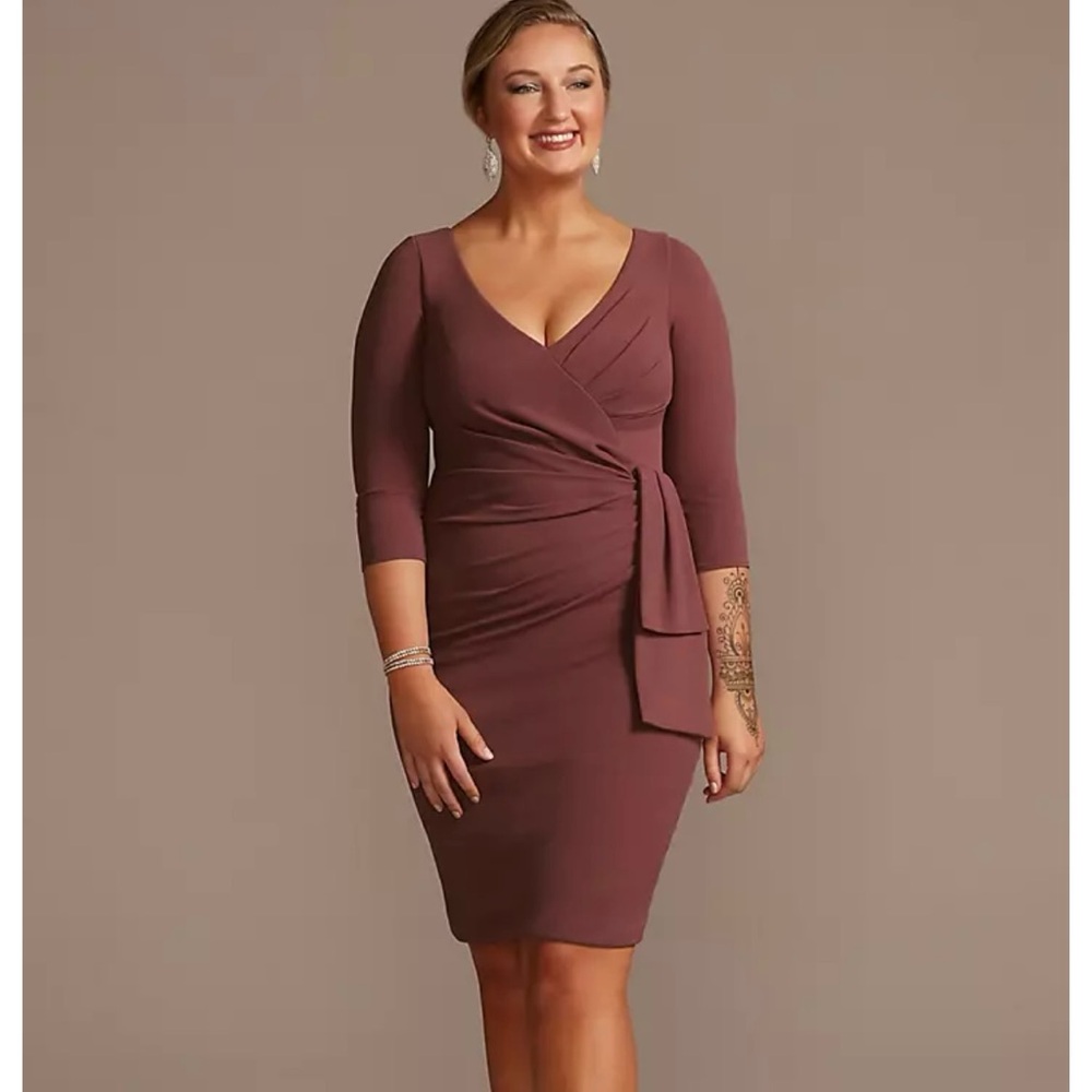 Oleg Cassini Women Size 14 Knee Length Crepe Dress with Cascade Chianti Wedding